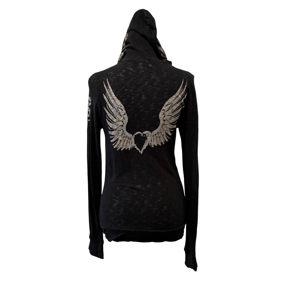 T Party Hoodie Women Medium Black Burnout Angel Wings Rhinestone Zip Y2K Grunge